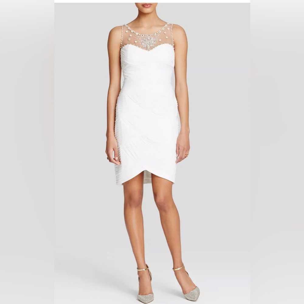 Adrianna Papell White Ruched Jeweled Sheath Dress
